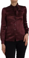 Maroon Ascot Collar Long Sleeve Top Blouse 1