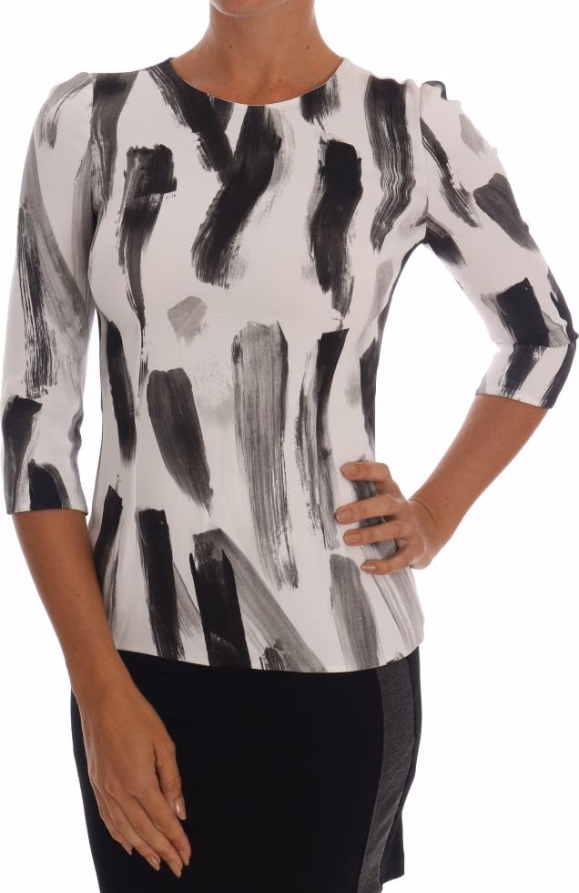 White Black Striped Printed Blouse Top