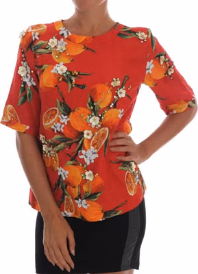 Orange Print Crystal-Embellished Blouse