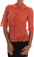 Orange Crystal Buttons Floral Lace Blouse 1