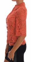 Orange Crystal Buttons Floral Lace Blouse 2