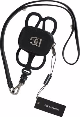 Black Calfskin Leather DG Logo Coin Purse Lanyard Wallet