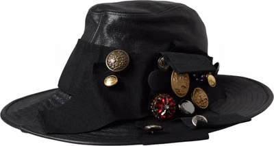 Black Leather DG Coin Crystal Wide Brim Hat