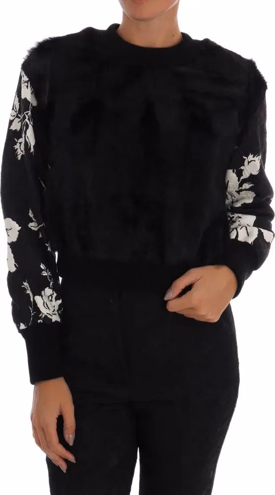 Black Fur Floral Brocade Zipper Sweater