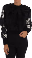 Black Fur Floral Brocade Zipper Sweater 1