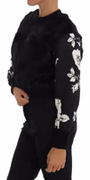 Black Fur Floral Brocade Zipper Sweater 2