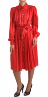 Red Button Down Belted Midi Satin Silk Dress 5