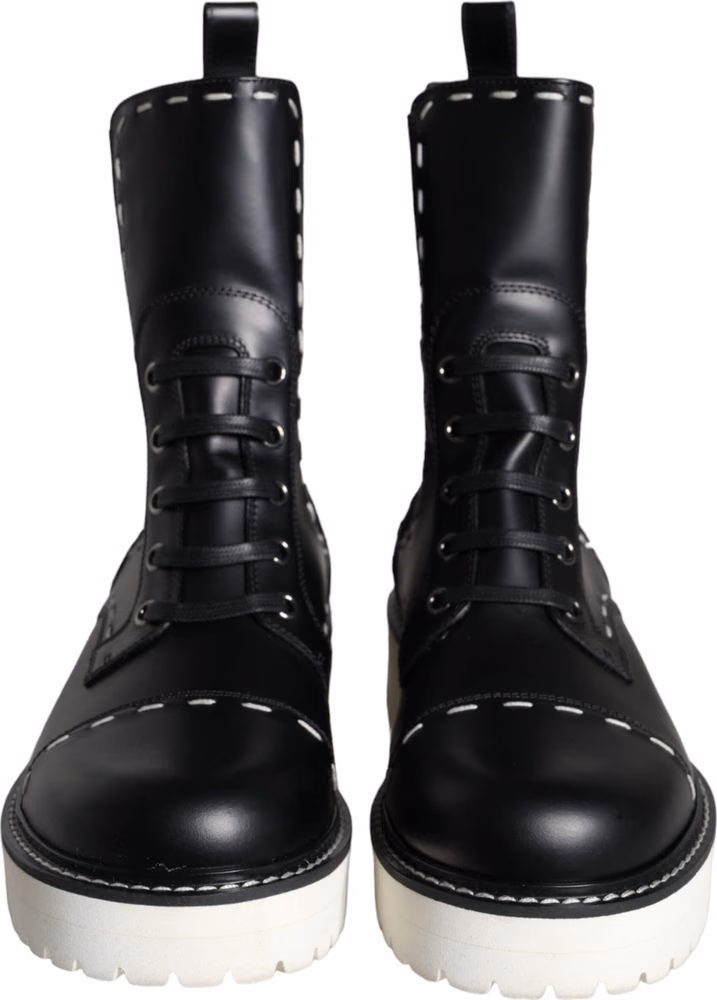 Black Leather Combat Mid Calf Boots Shoes