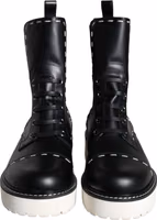 Black Leather Combat Mid Calf Boots Shoes 1