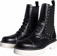 Black Leather Combat Mid Calf Boots Shoes 2