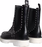 Black Leather Combat Mid Calf Boots Shoes 3
