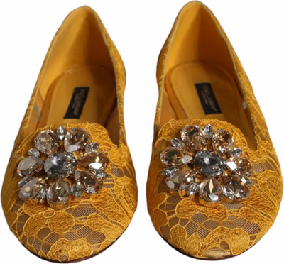 Mustard Lace Crystal Ballet Flats Loafer Shoes