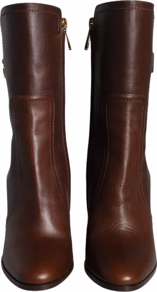 Brown Leather Heels Mid Calf Boots Shoes