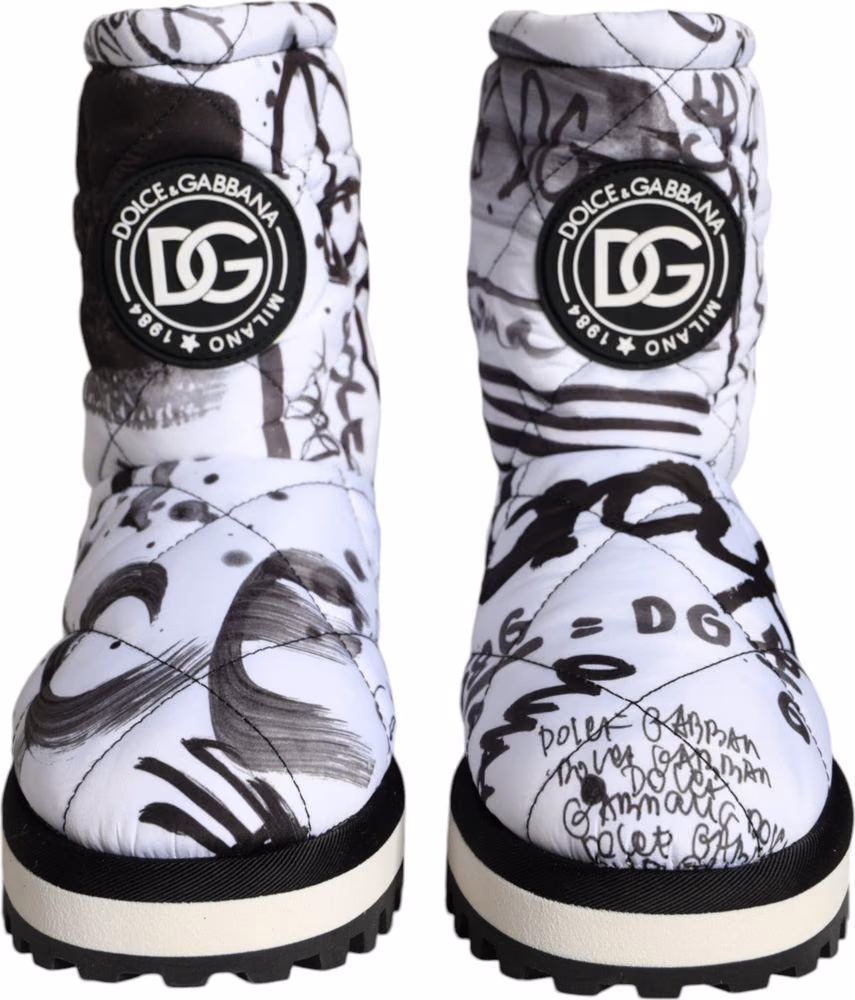 White Padded Logo Print Mid Calf Boots Shoes