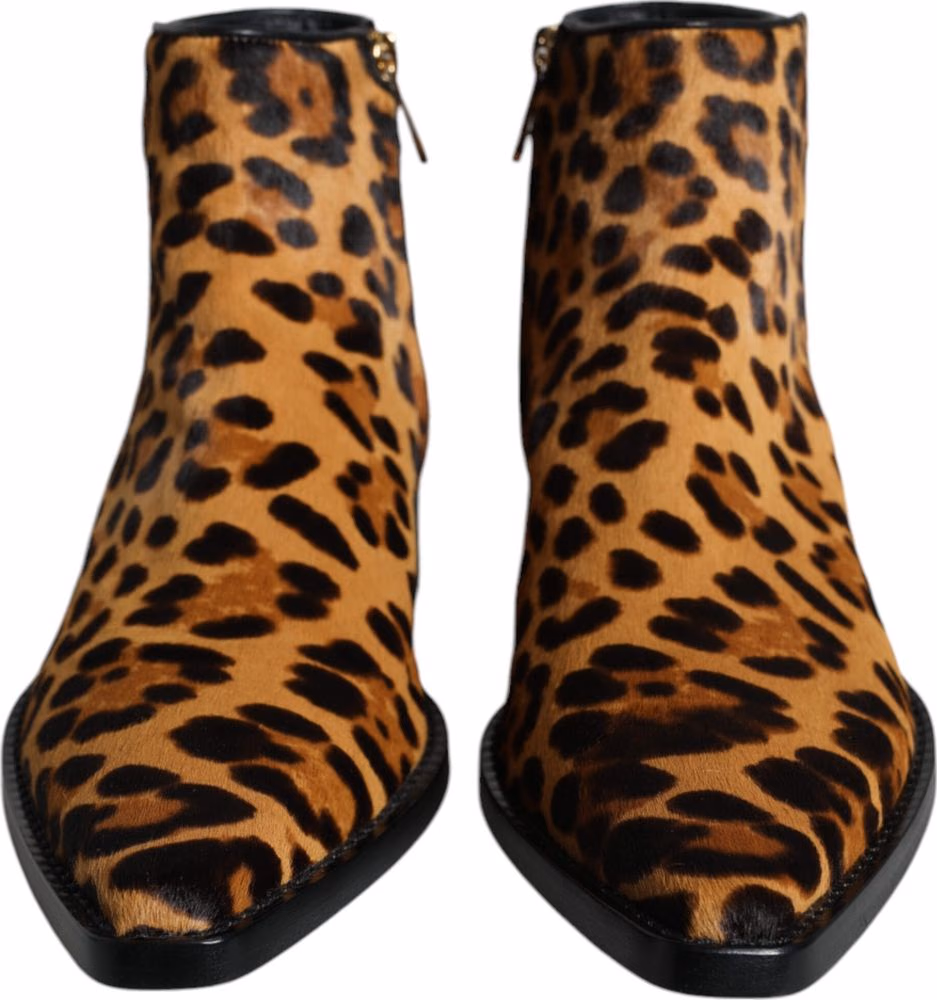 Brown Leopard Calf Fur Ankle Boots Shoes