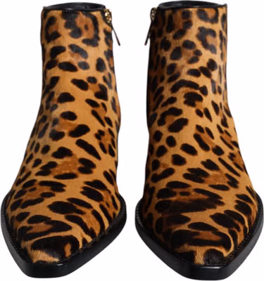 Brown Leopard Calf Fur Ankle Boots Shoes