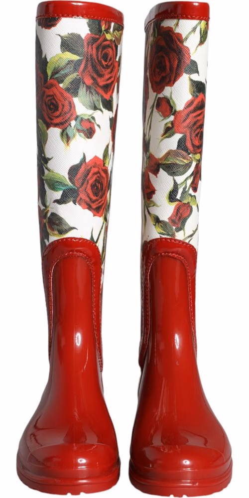 Red Floral Rubber Knee High Flat Boots Shoes