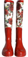 Red Floral Rubber Knee High Flat Boots Shoes 1