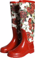 Red Floral Rubber Knee High Flat Boots Shoes 2