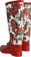 Red Floral Rubber Knee High Flat Boots Shoes 3