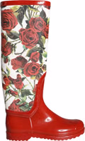 Red Floral Rubber Knee High Flat Boots Shoes 4