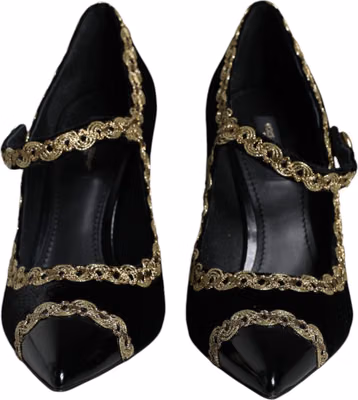 Black Mary Janes Velvet Gold Pumps Shoes
