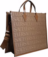 Brown Top Handle Jacquard Leather Logo Crossbody Tote Bag 4