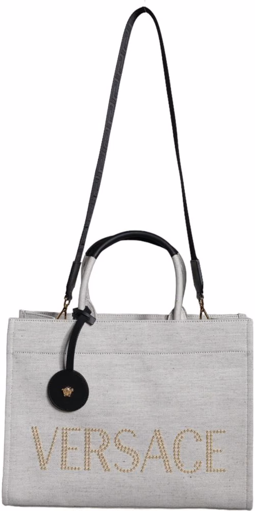 White Top Handle Canvas Leather Logo Crossbody Tote Bag