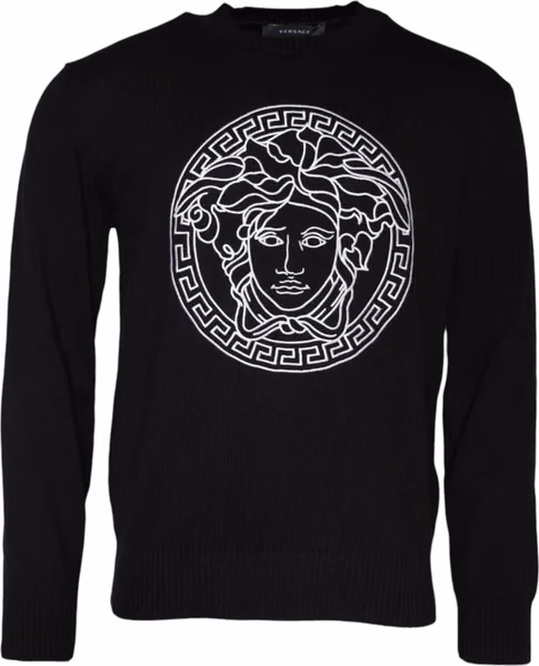 Black Medusa Embroidery Crew Neck Pullover Sweater