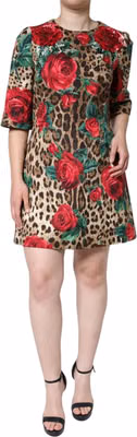 Brown Leopard Red Roses Cotton A-line Dress
