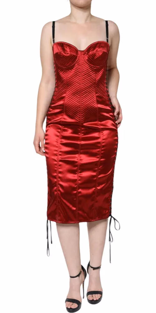 Red Bustier Corset Lace Bodycon Midi Dress