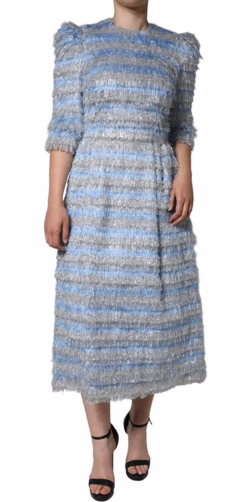 Light Blue Silver Jacquard A-line Midi Dress
