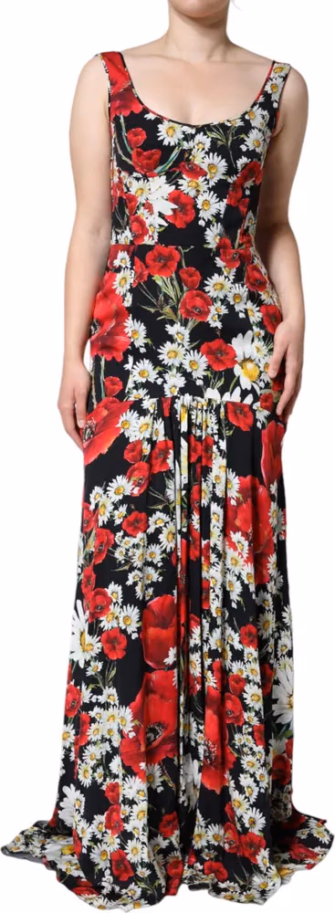 Black Floral Silk Sleeveless Long Gown Dress