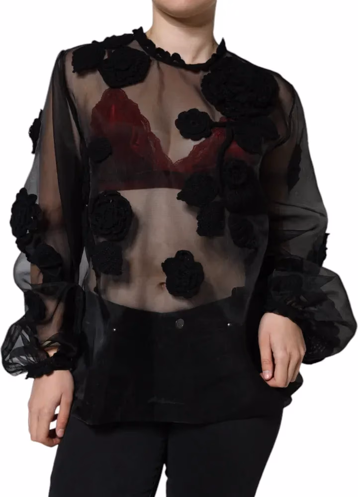 Black Nylon Mesh Transparent Floral Blouse