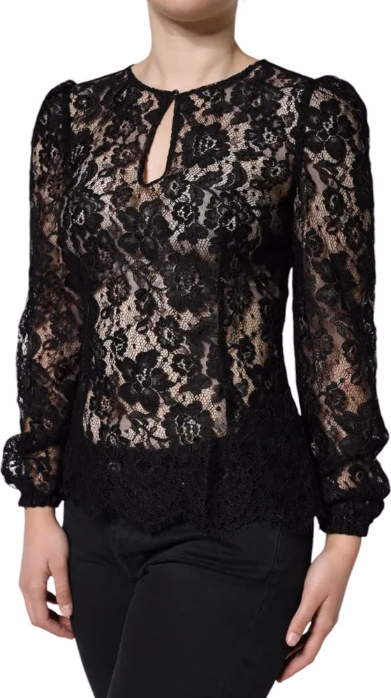 Black Floral Lace See Through Long Sleeve Top