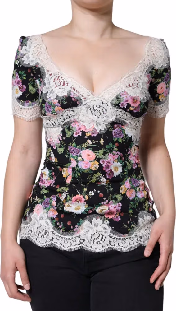 Black Floral Lace Short Sleeves Blouse Top