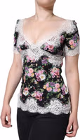 Black Floral Lace Short Sleeves Blouse Top 2
