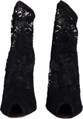 Black Lace Stretch Heels Mid Calf Boot Shoes
