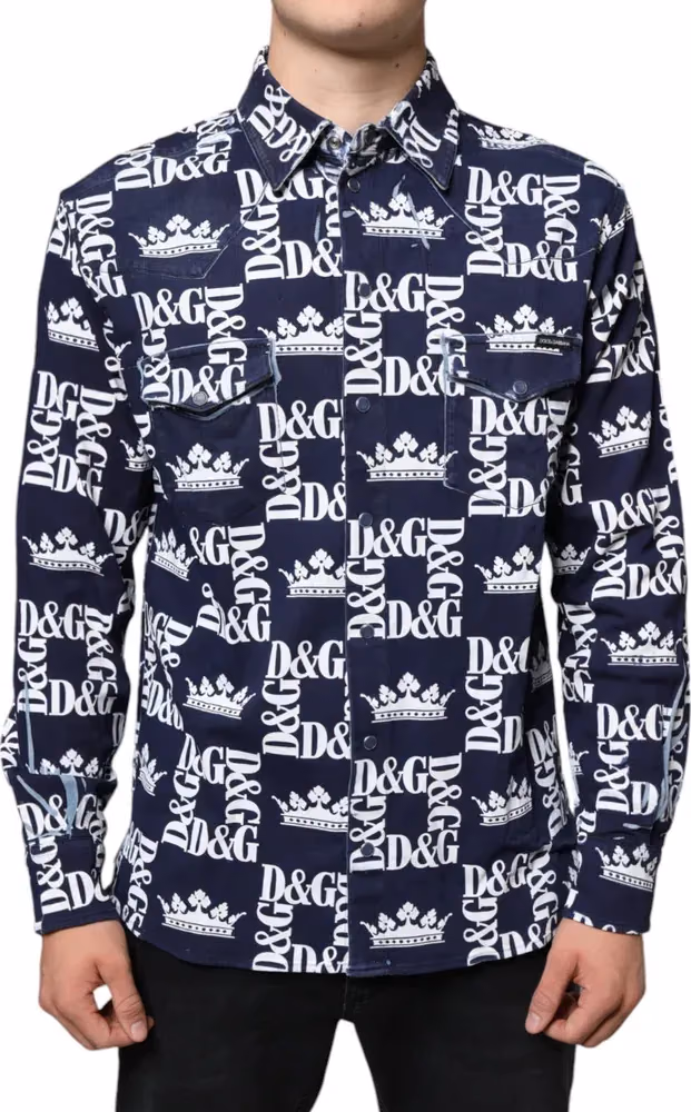 Blue Crown Logo Print Slim Fit Cotton Shirt