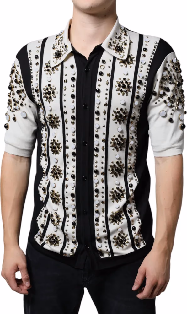 White Black Silk Studded Stone Crystal Shirt