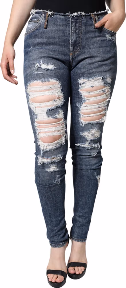 Blue Cotton Stretch Tattered Skinny Jeans