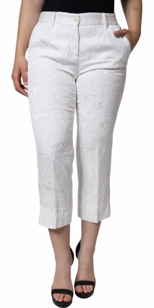 White Floral Brocade Cotton Cropped Pants