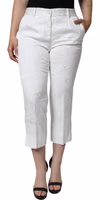 White Floral Brocade Cotton Cropped Pants 1