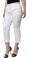 White Floral Brocade Cotton Cropped Pants 2