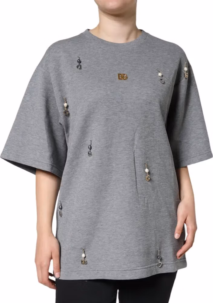 Gray Cotton Blend Embellished Tee T-shirt