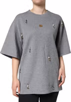 Gray Cotton Blend Embellished Tee T-shirt 1