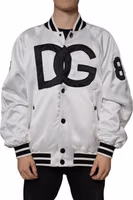 White Polyester Logo Full Zip Bomber Jacket 1