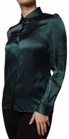 Dark Green Silk Button Down Long Sleeves Blouse Top 2