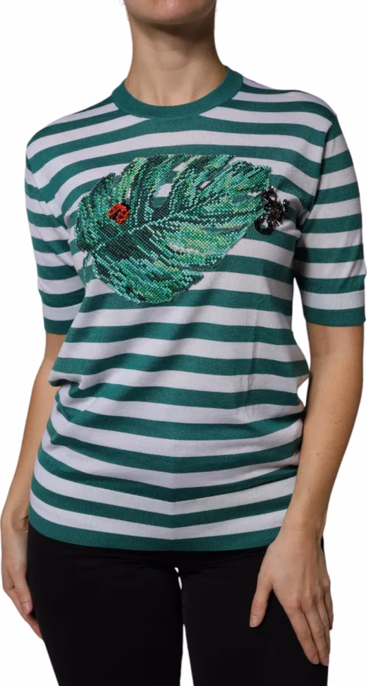 White Green Stripe Leaf Crew Neck T-shirt