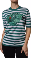 White Green Stripe Leaf Crew Neck T-shirt 1